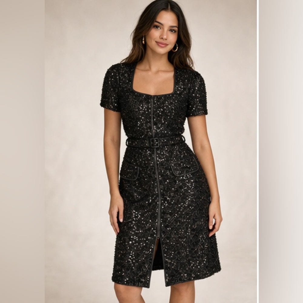 Donna Karan New York
Black Sequins Short Sleeve Button Front Belted Dress 10 NWT